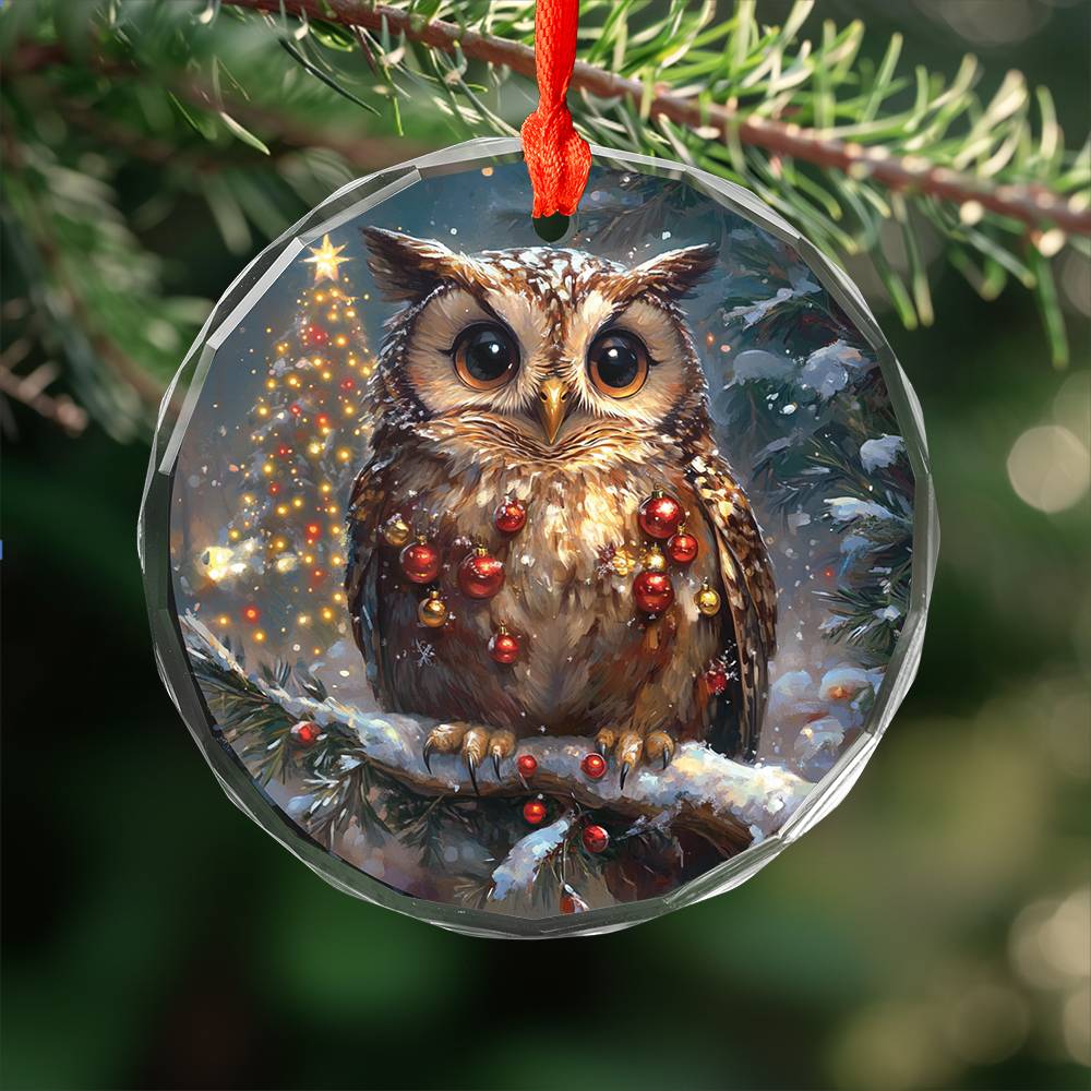 Beautiful Owl Christmas Night Design 4 Glass Ornament