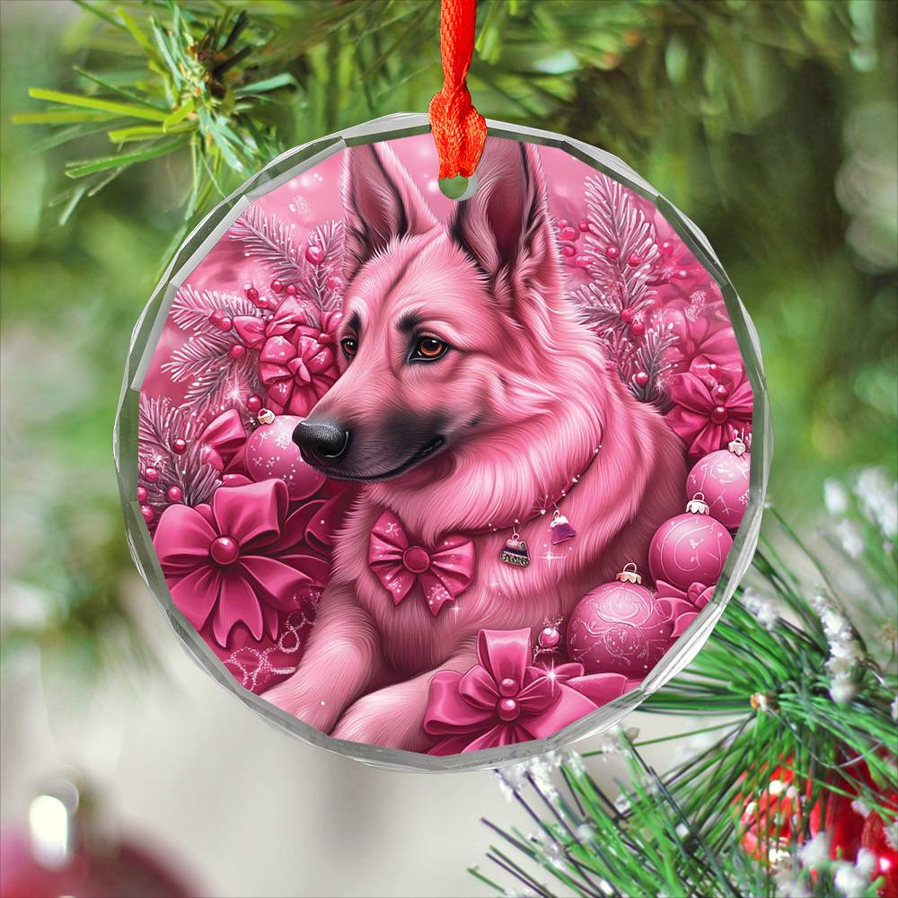 German Shepherd Dog Pink Christmas Design 3 Glass Ornament