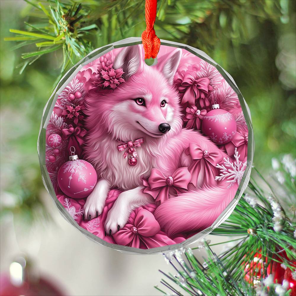 Wolf Pink Christmas Design 1 Glass Ornament
