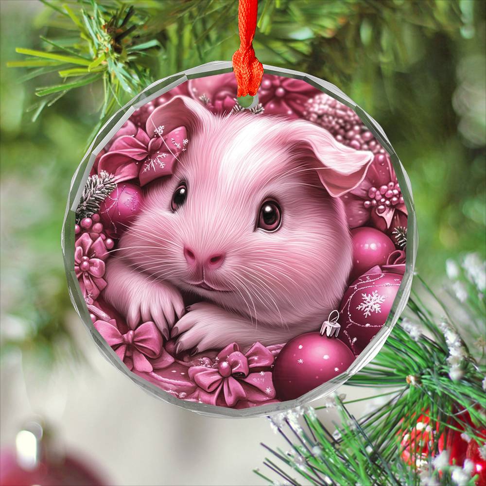 Guinea Pig Pink Christmas Design 1 Glass Ornament