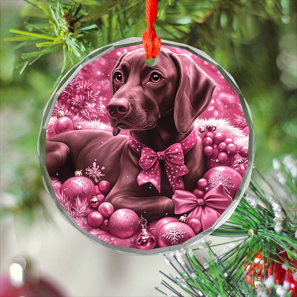 German Shorthaired Pointer Dog Pink Christmas Design 1 Glass Ornament