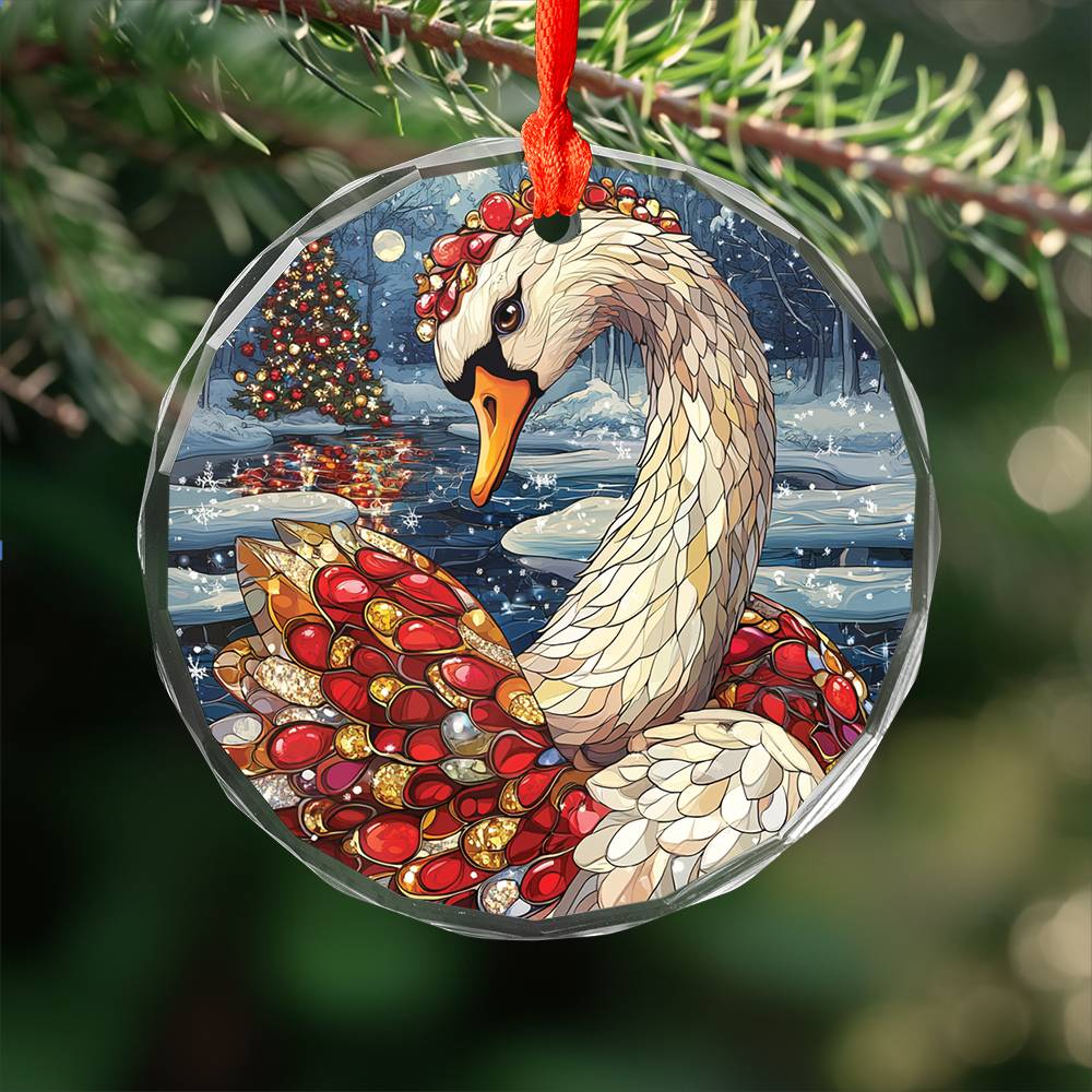 Beautiful Swan Christmas Night Design 3 Glass Ornament