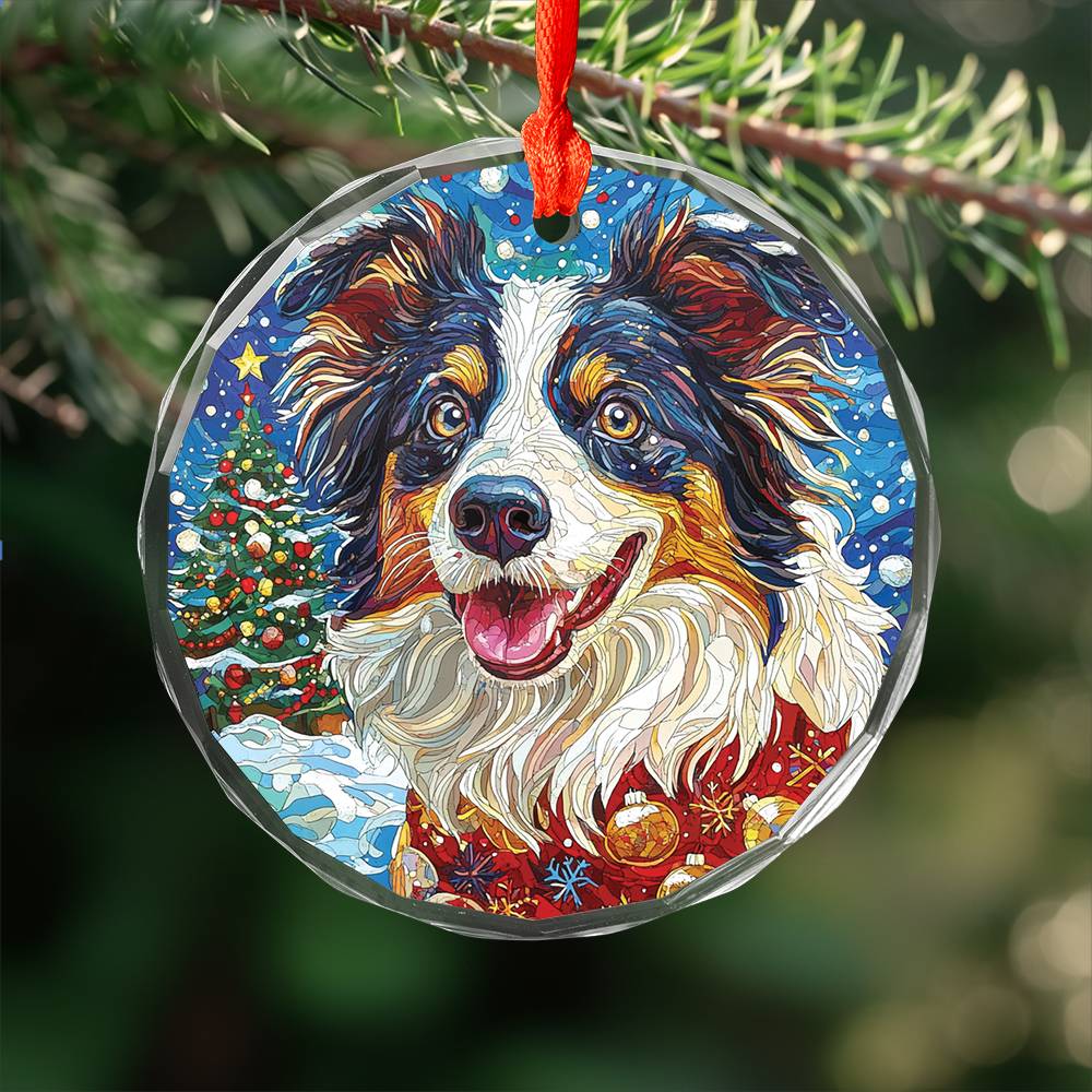 Beautiful Border Collie Dog Christmas Night Design 3 Glass Ornament
