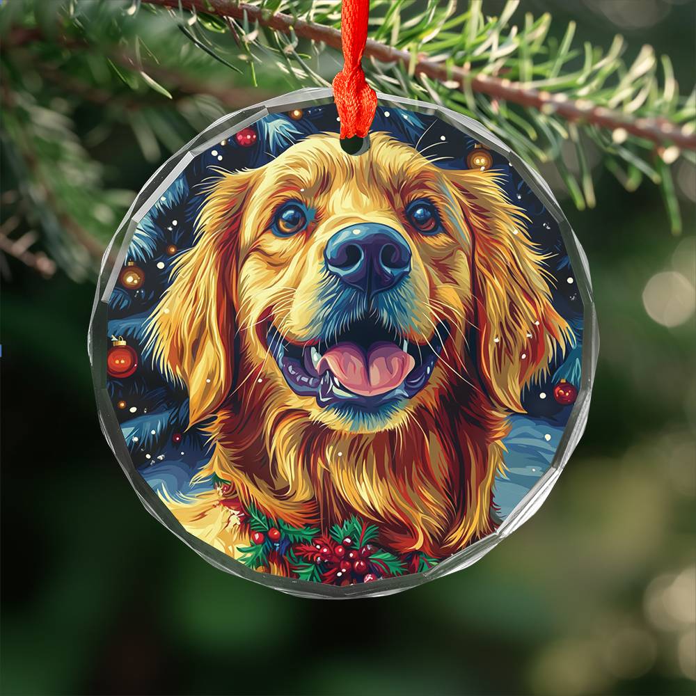 Beautiful Golden Retriever Dog Christmas Night Design 2 Glass Ornament