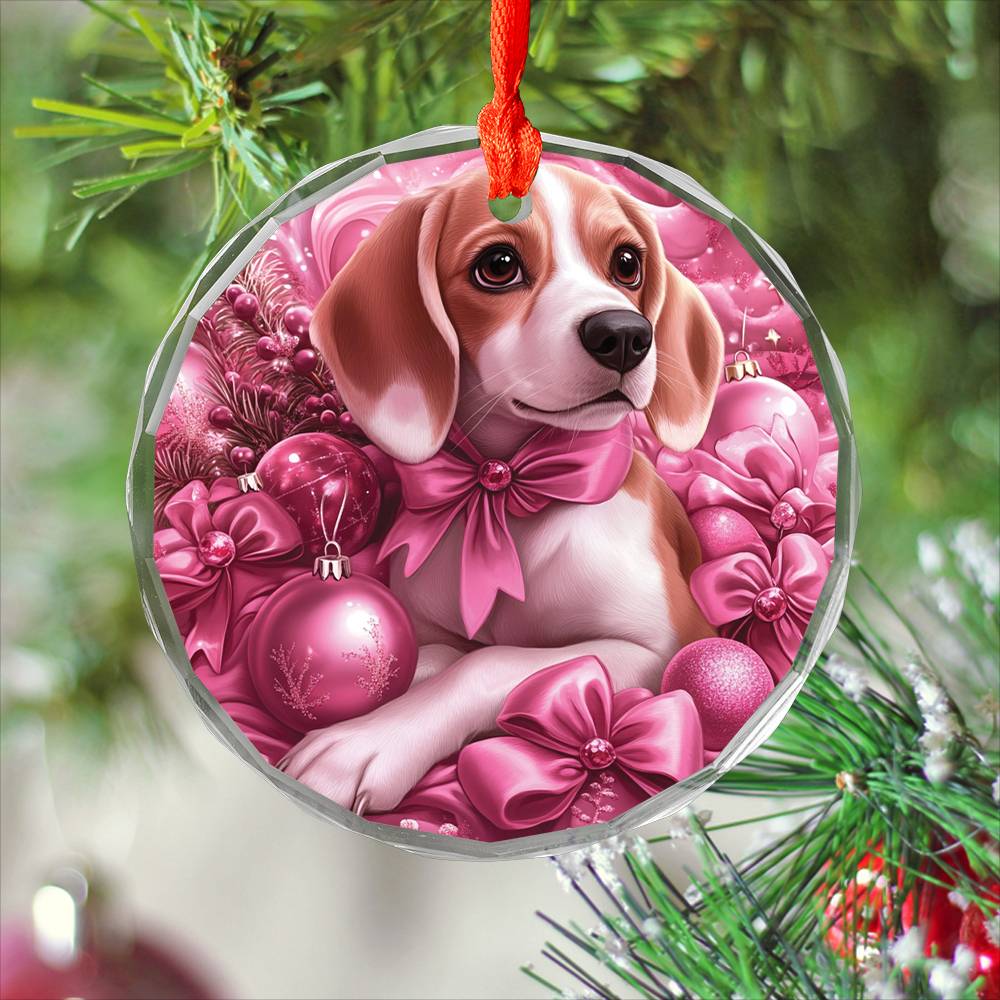 Beagle Dog Pink Christmas Design 1 Glass Ornament