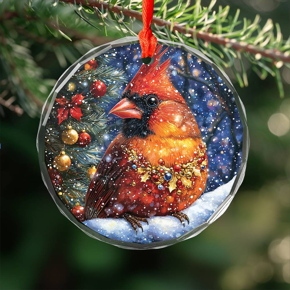 Beautiful Cardinal Christmas Night Design 3 Glass Ornament