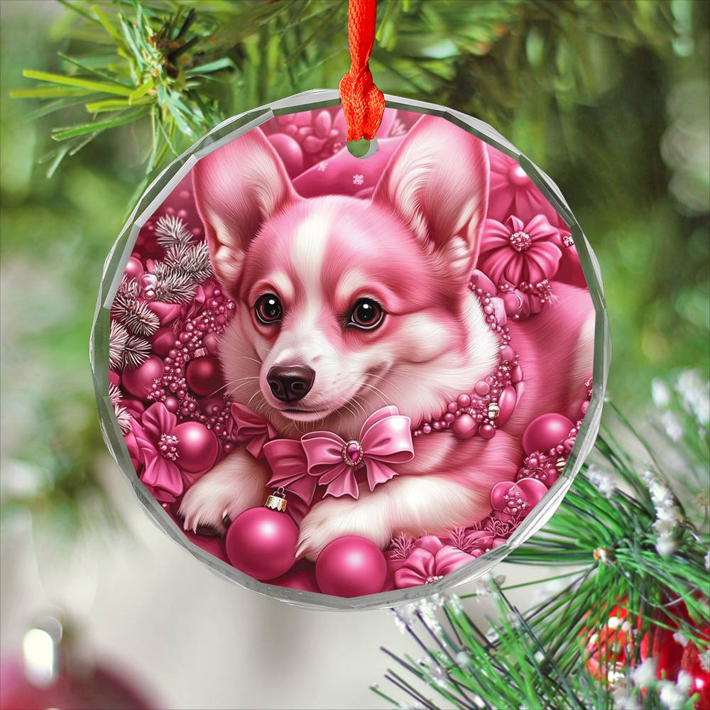 Pembroke Welsh Corgi Dog Pink Christmas Design 4 Glass Ornament