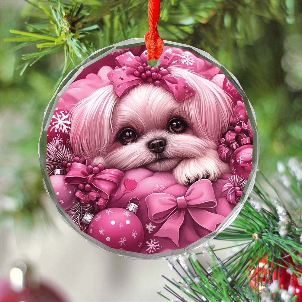 Shih Tzu Dog Pink Christmas Design 2 Glass Ornament