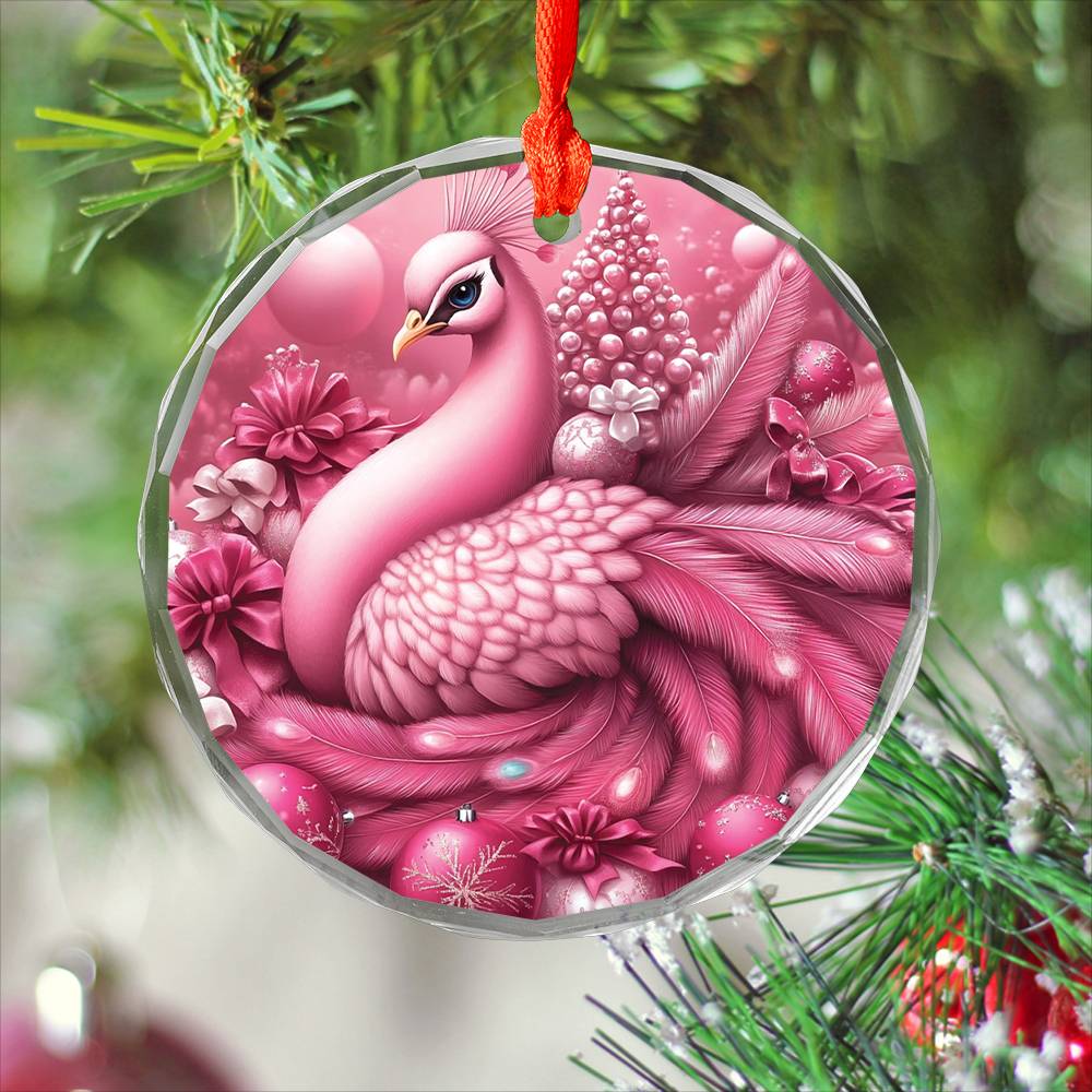 Peacock Pink Christmas Design 1 Glass Ornament