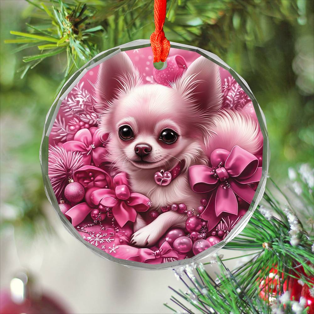 Chihuahua Dog Pink Christmas Design 1 Glass Ornament