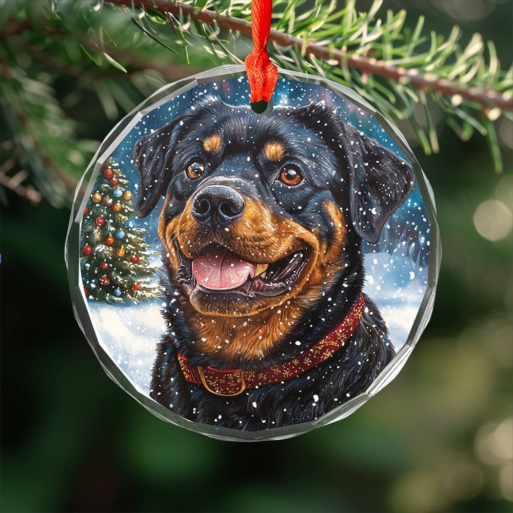 Beautiful Angus Rottweiler Dog Christmas Night Design 4 Glass Ornament