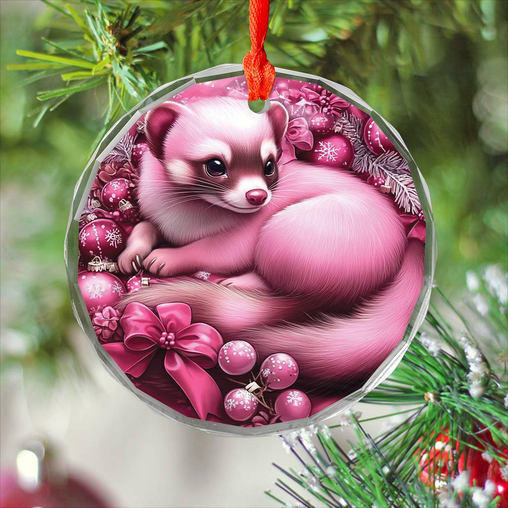 Ferret Pink Christmas Design 3 Glass Ornament
