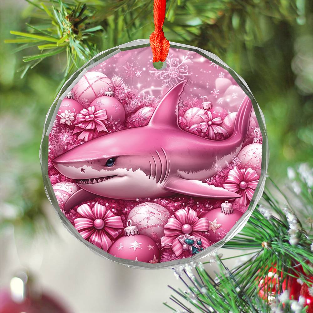 Shark Pink Christmas Design 2 Glass Ornament