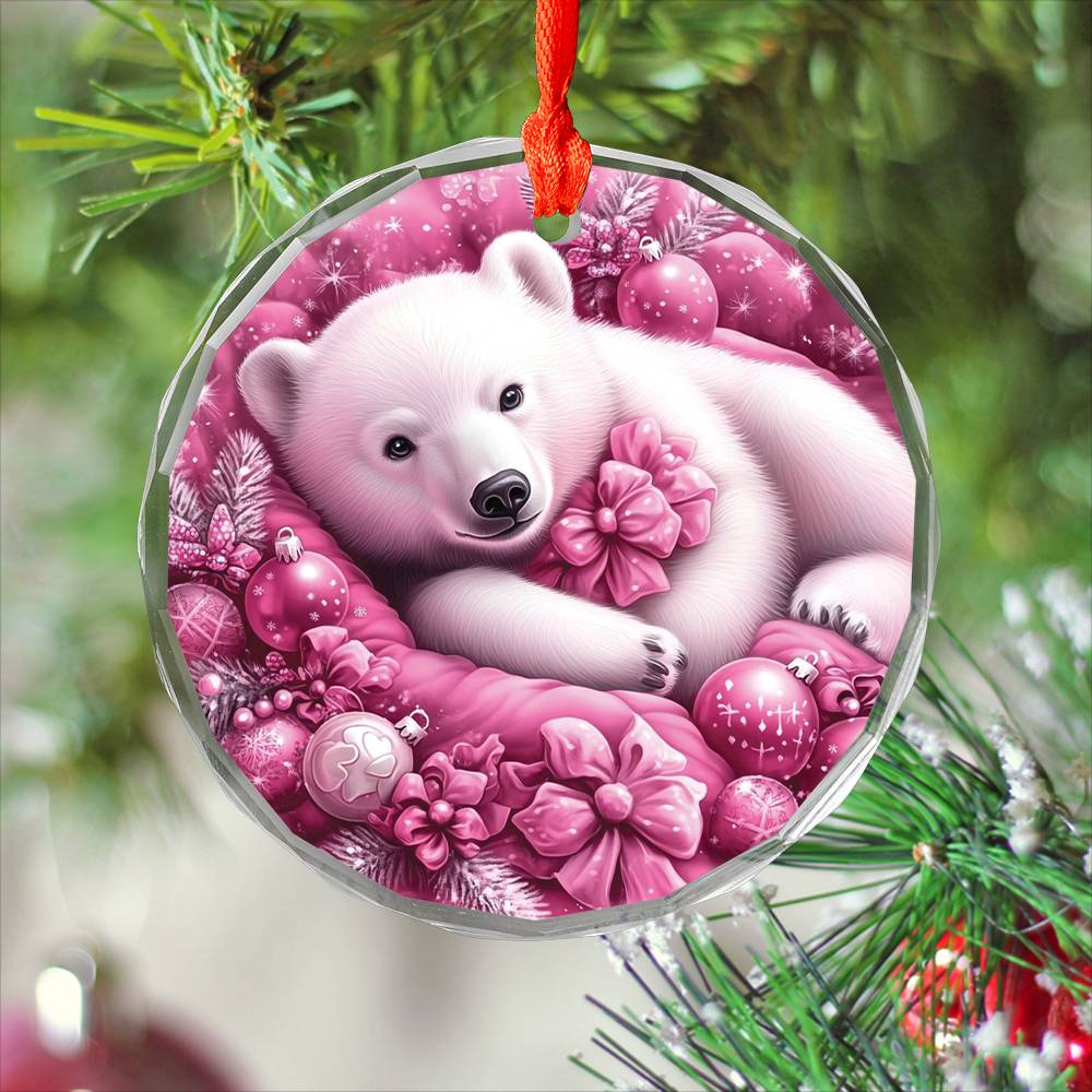 Pola Bear Pink Christmas Design 3 Glass Ornament