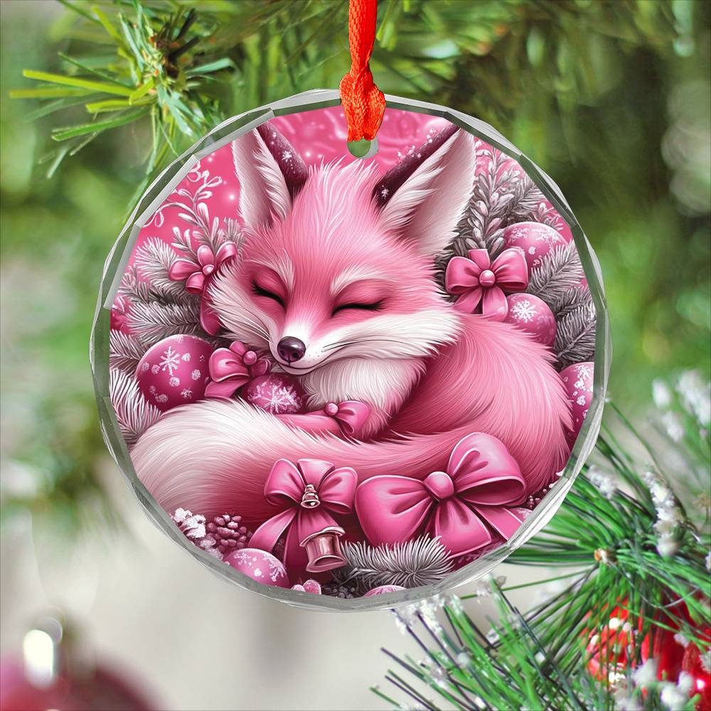 Fox Pink Christmas Design 3 Glass Ornament