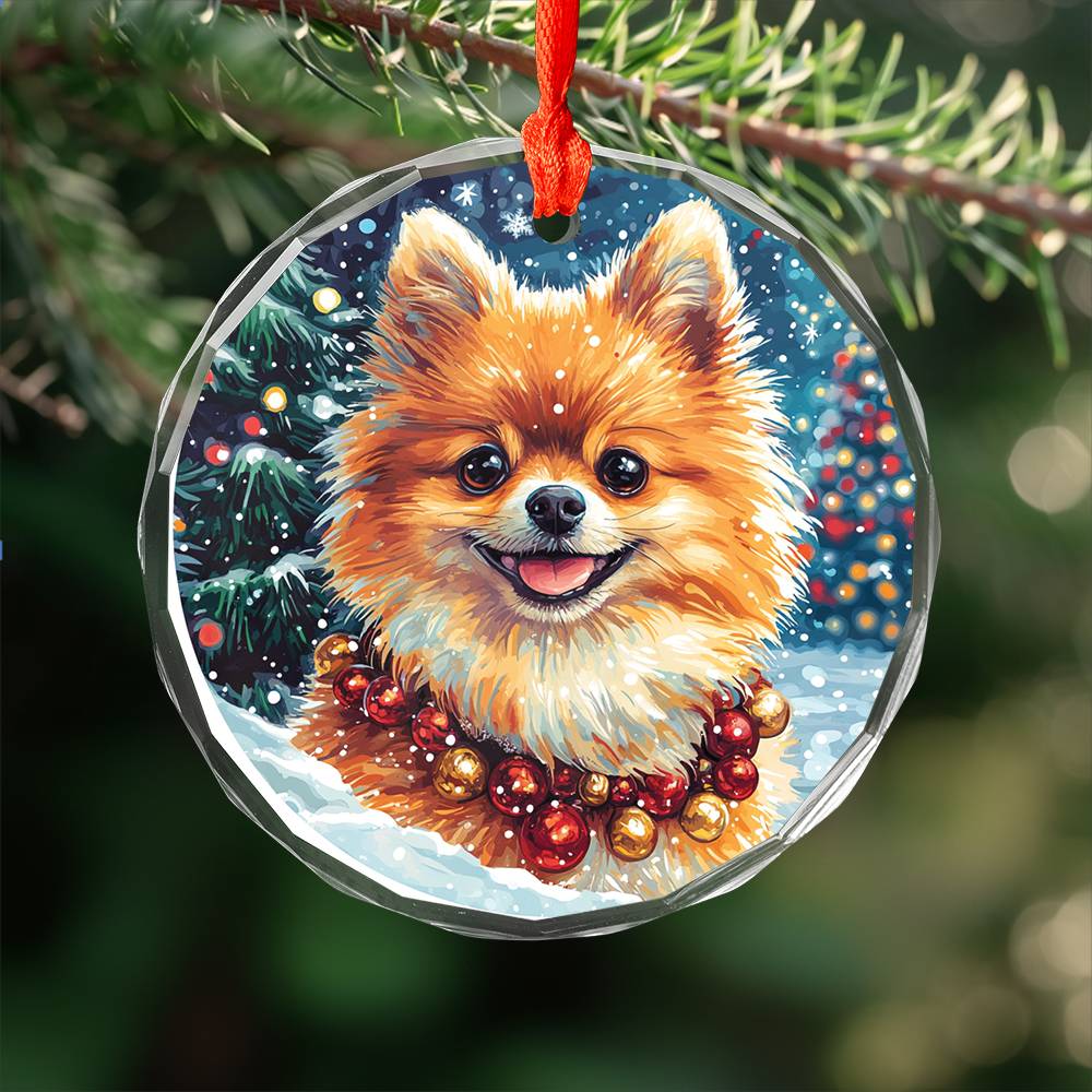 Beautiful Angus Pomeranian Dog Christmas Night Design 3 Glass Ornament