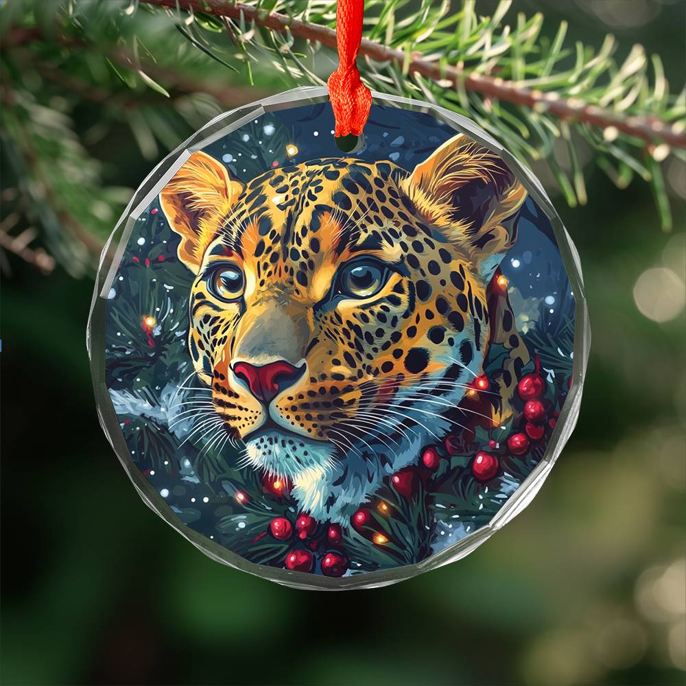 Beautiful Leopard Christmas Night Design 4 Glass Ornament