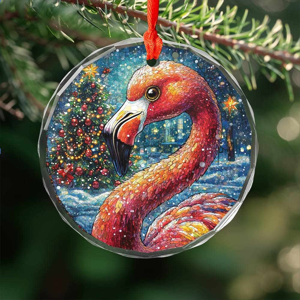 Beautiful Flamingo Christmas Night Design 1 Glass Ornament