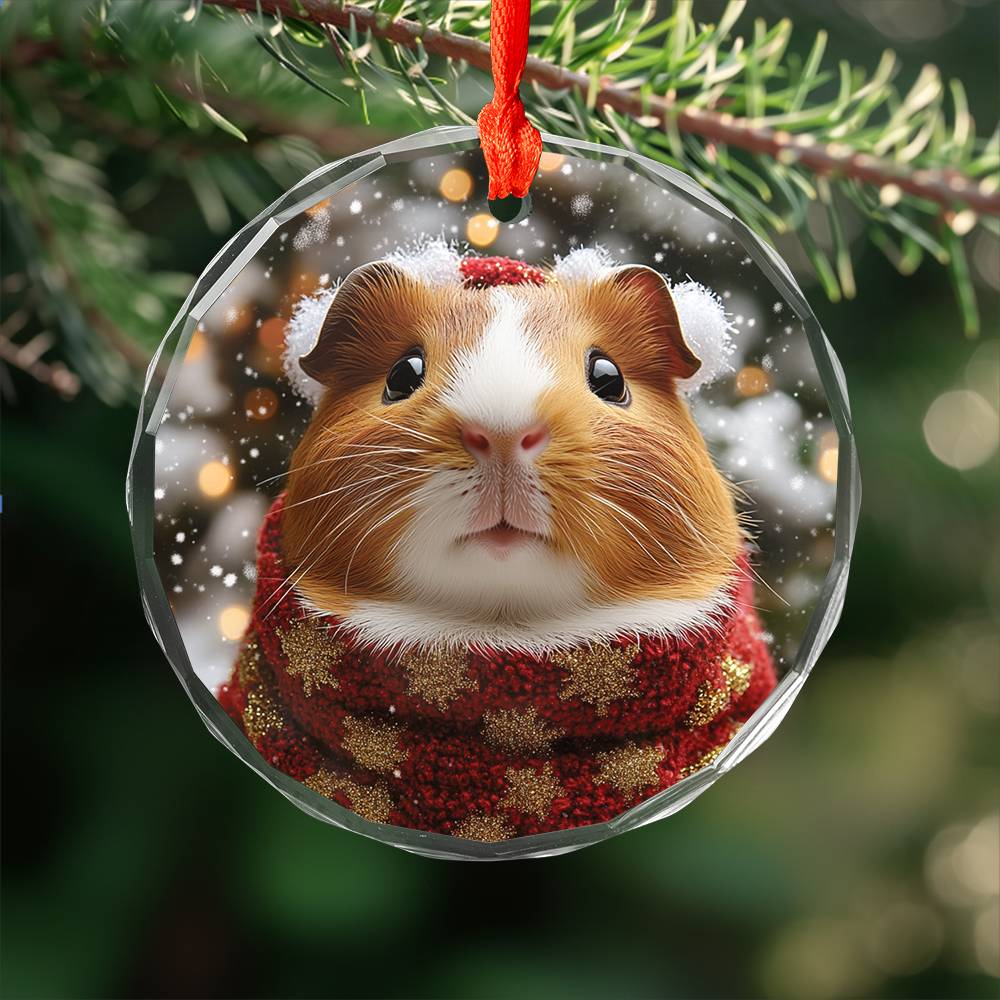 Beautiful Guinea Pig Christmas Night Design 3 Glass Ornament