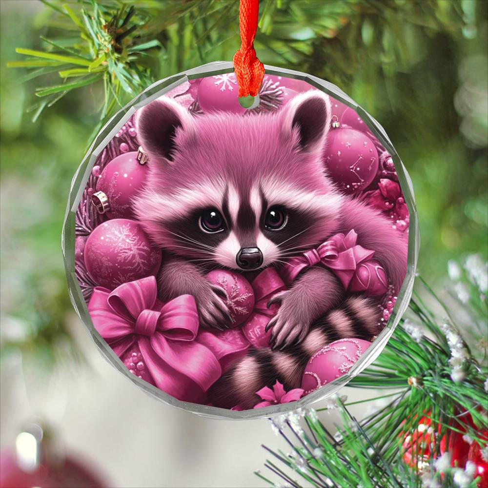 Racoon Pink Christmas Design 4 Glass Ornament