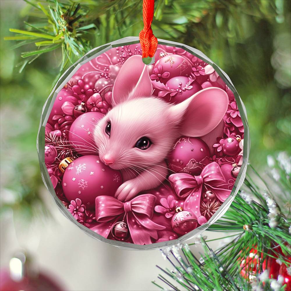 Mice Pink Christmas Design 1 Glass Ornament