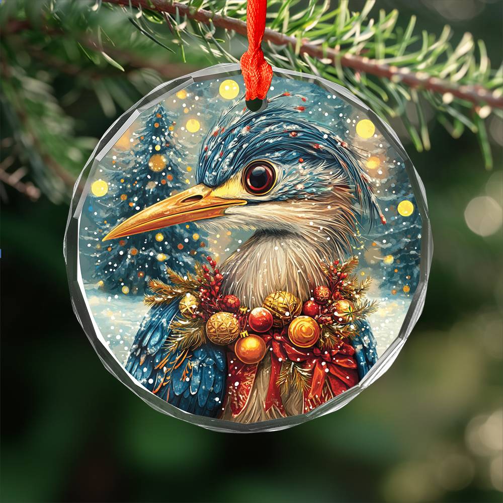 Beautiful Heron Christmas Night Design 4 Glass Ornament