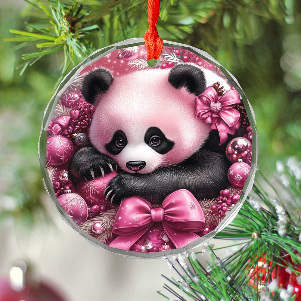 Panda Pink Christmas Design 1 Glass Ornament