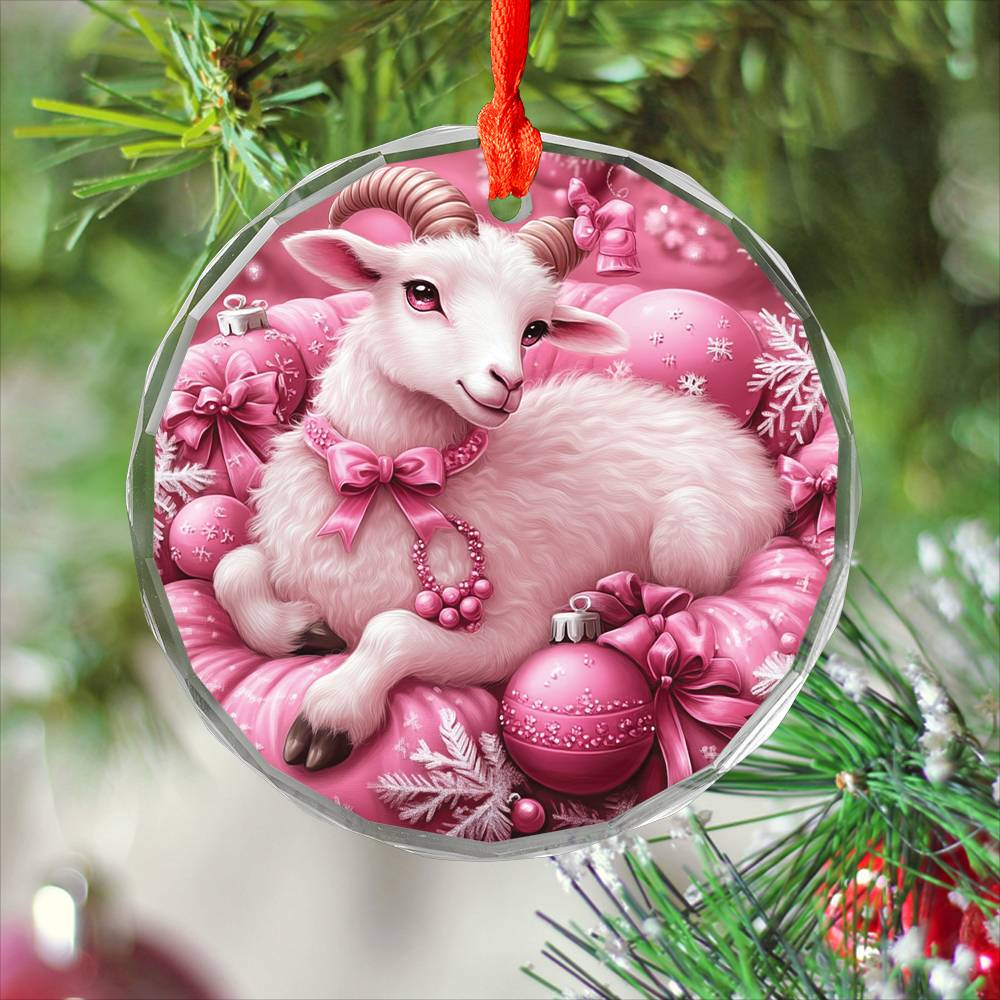 Sheep Pink Christmas Design 2 Glass Ornament