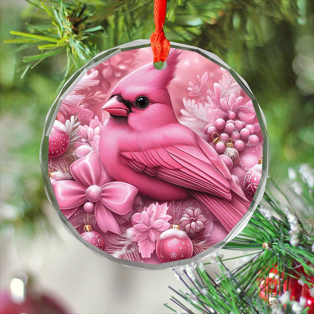 Cardinal Pink Christmas Design 4 Glass Ornament