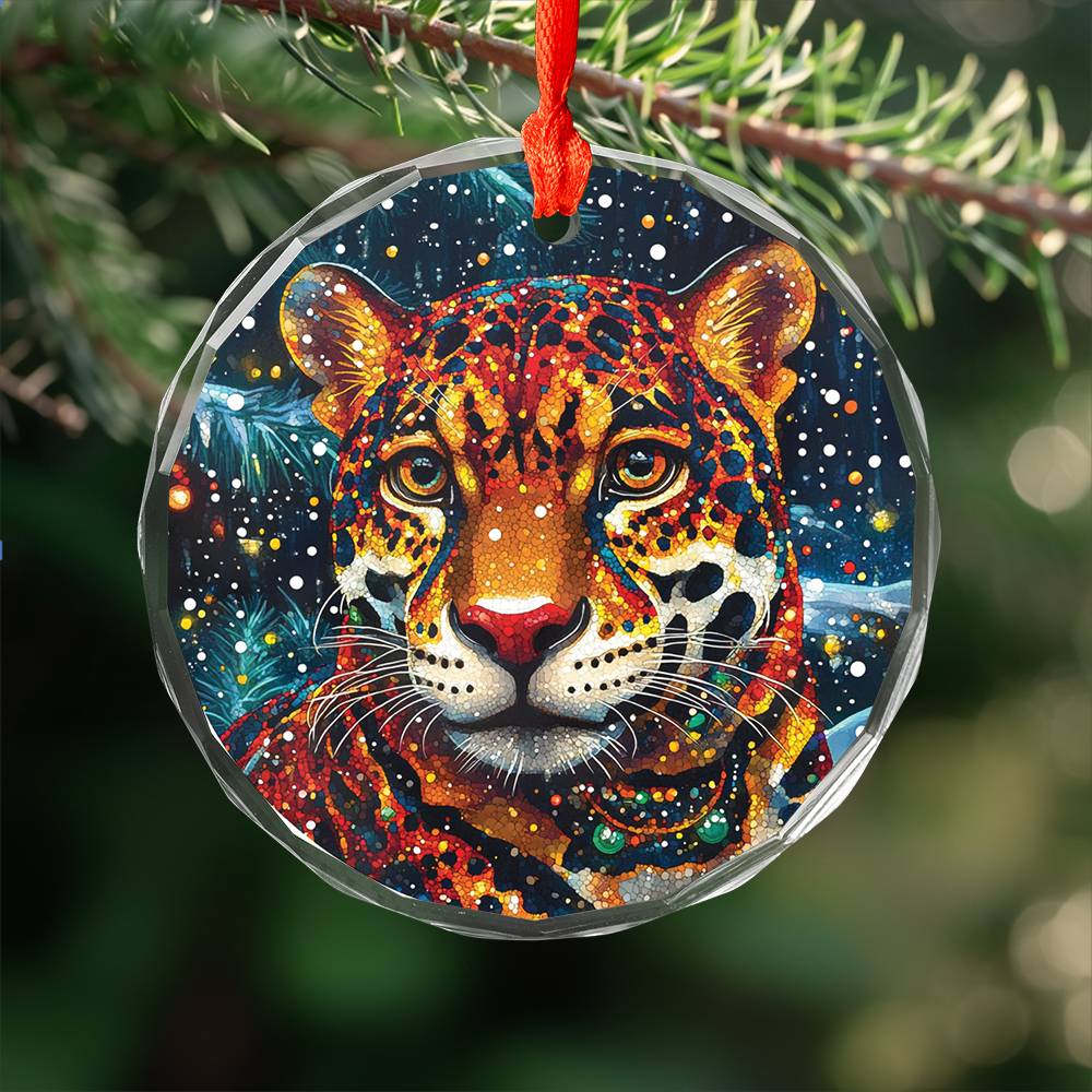 Beautiful Jaguar Christmas Night Design 4 Glass Ornament