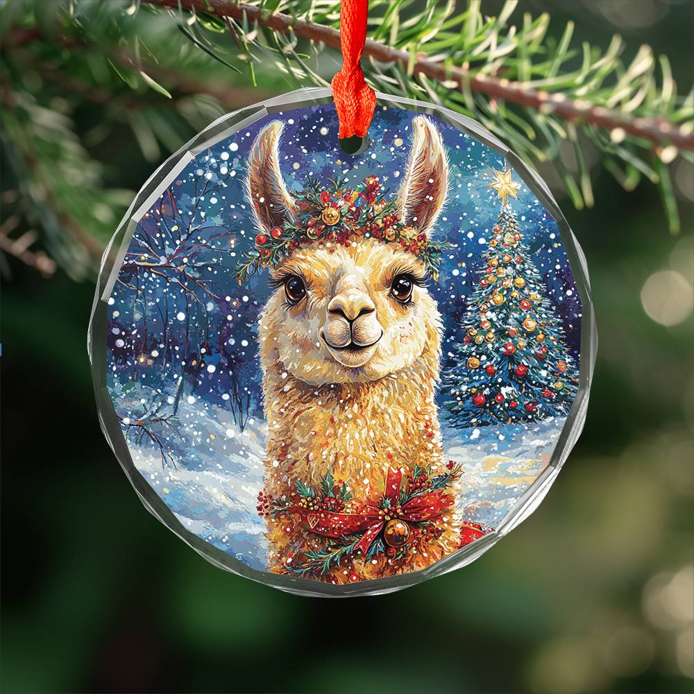 Beautiful Llama Christmas Night Design 2 Glass Ornament
