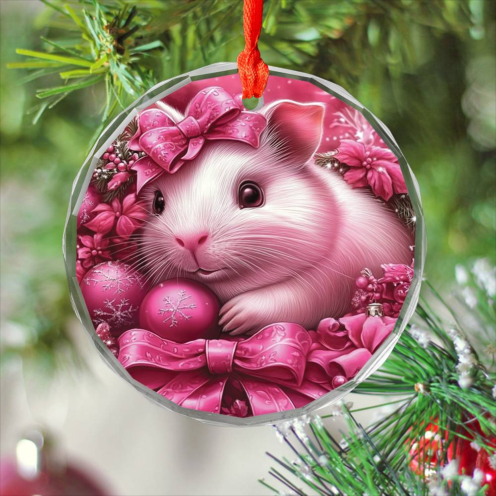 Guinea Pig Pink Christmas Design 2 Glass Ornament