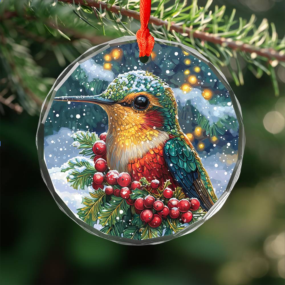 Beautiful Hummingbird Christmas Night Design 4 Glass Ornament