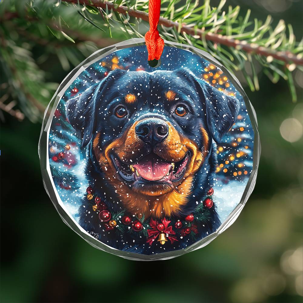 Beautiful Angus Rottweiler Dog Christmas Night Design 3 Glass Ornament