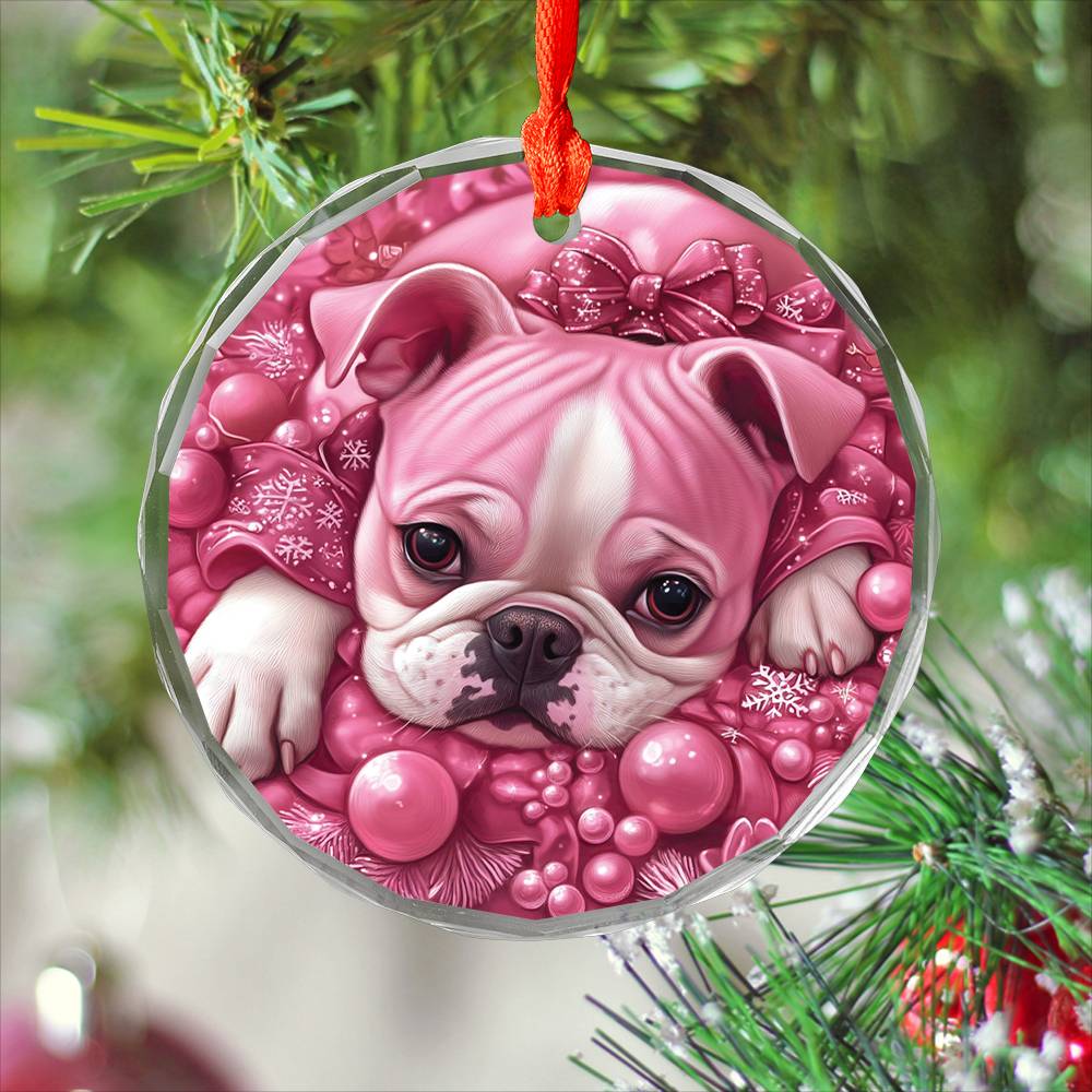 Bulldog Pink Christmas Design 2 Glass Ornament