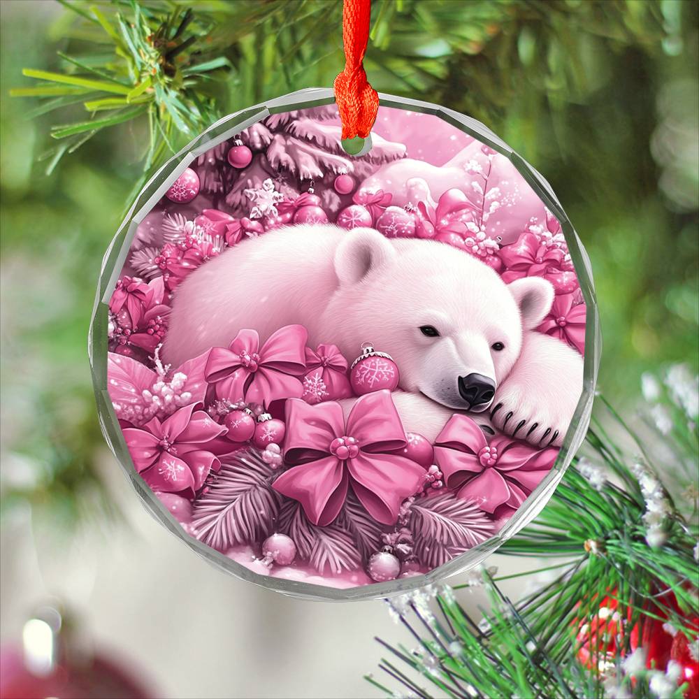 Pola Bear Pink Christmas Design 1 Glass Ornament