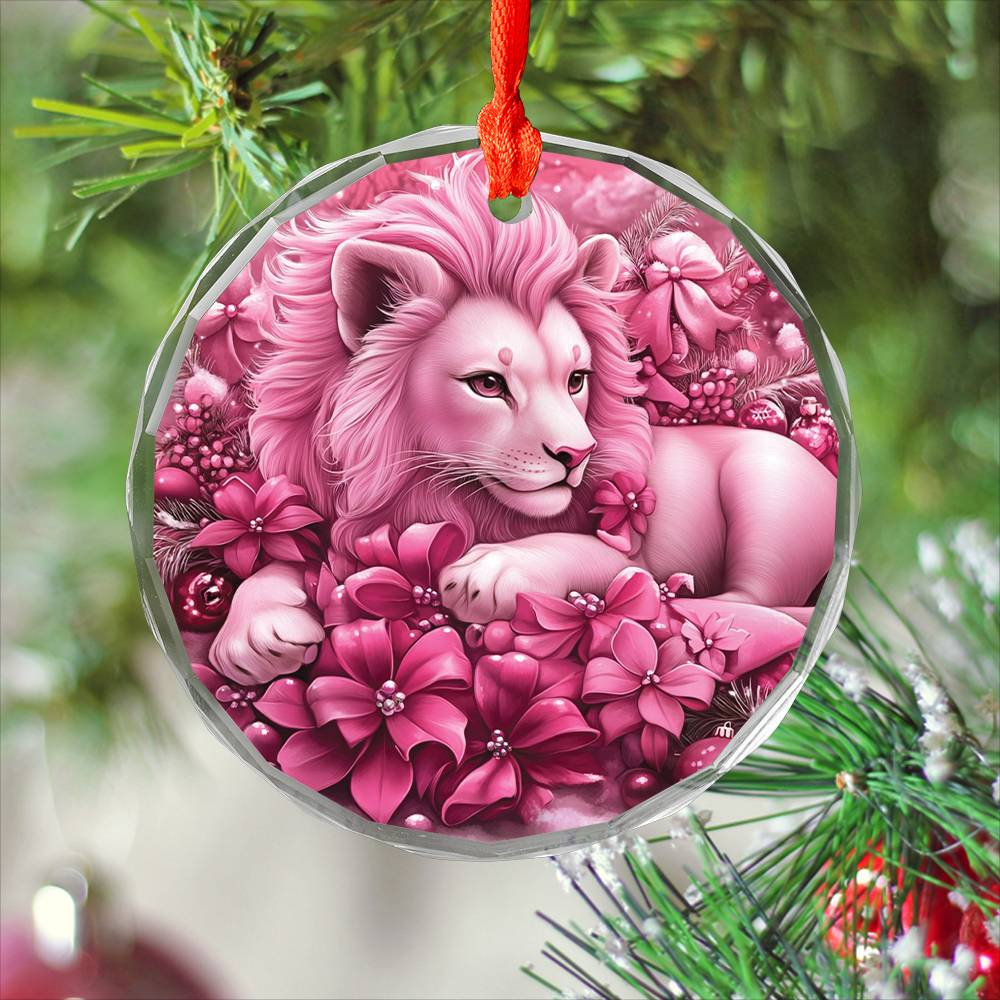 Lion Pink Christmas Design 1 Glass Ornament