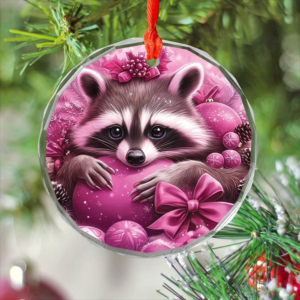 Racoon Pink Christmas Design 3 Glass Ornament