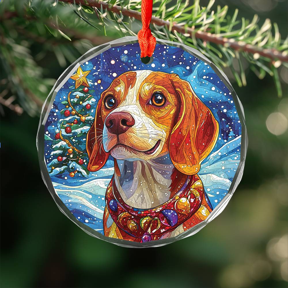 Beautiful Angus Beagle Dog Christmas Night Design 4 Glass Ornament