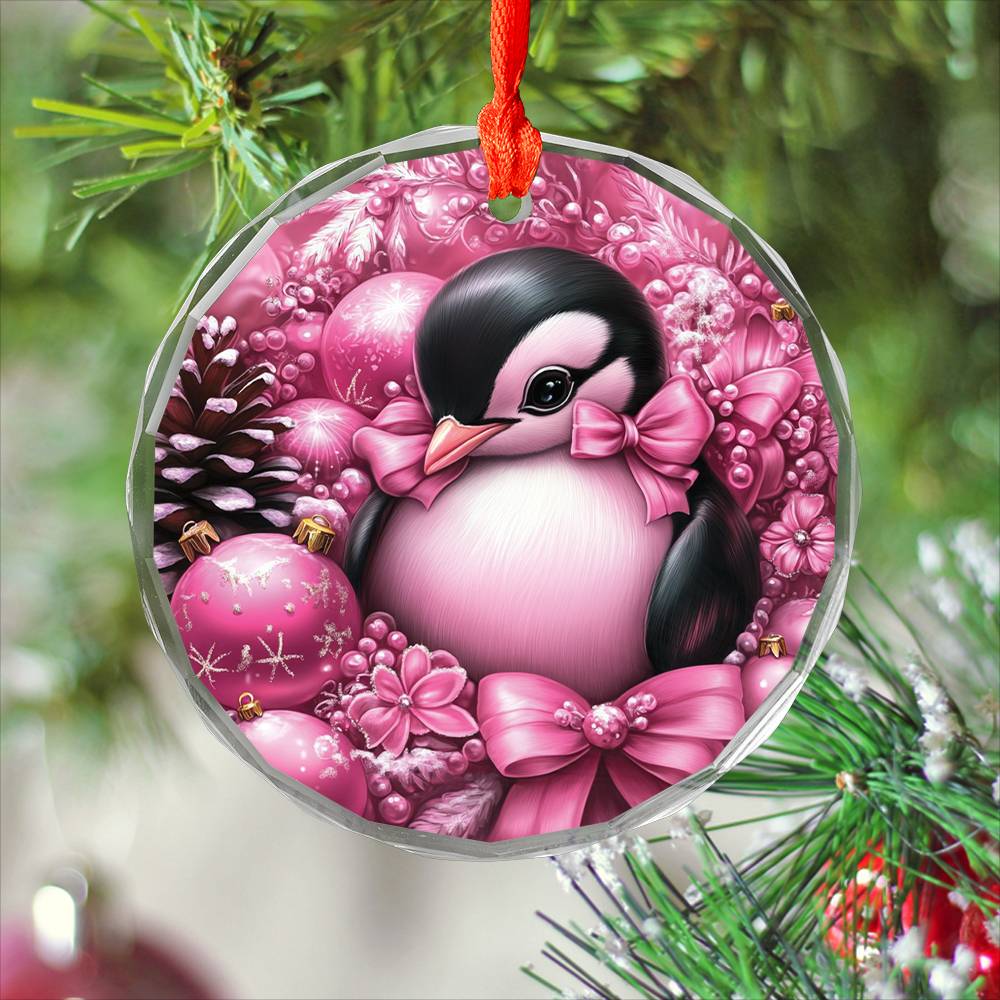 Penguin Pink Christmas Design 2 Glass Ornament