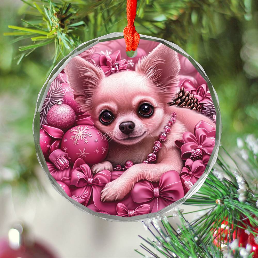 Chihuahua Dog Pink Christmas Design 3 Glass Ornament