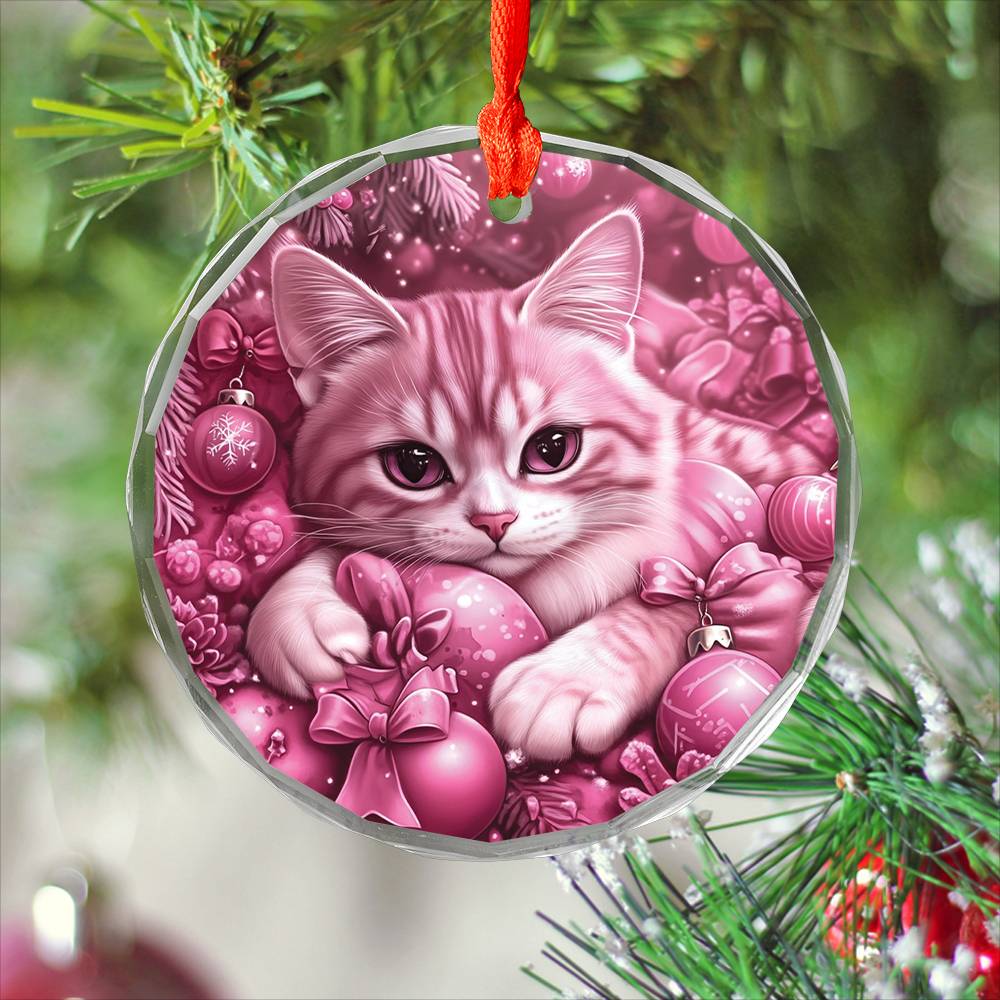 American Shorthair Pink Christmas Design 3 Glass Ornament
