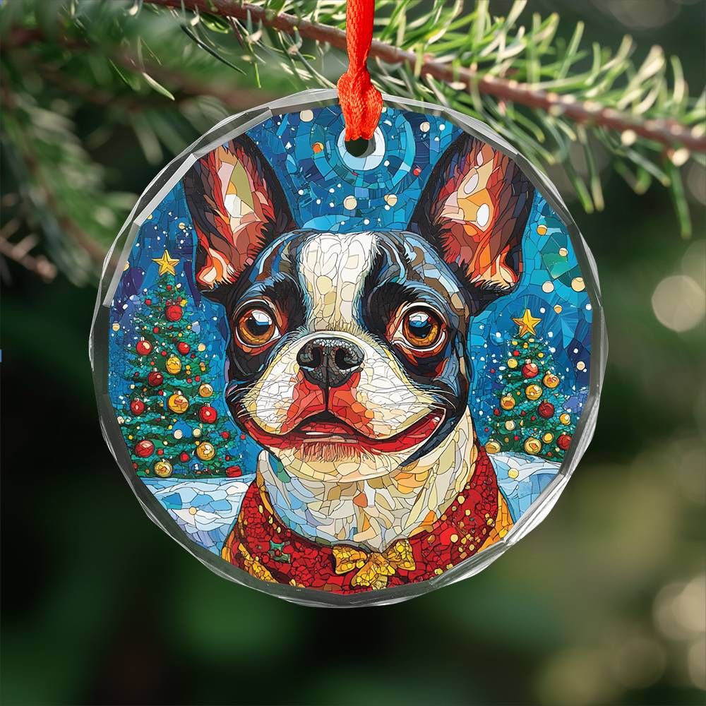 Beautiful Boston Terrier Dog Christmas Night Design 1 Glass Ornament