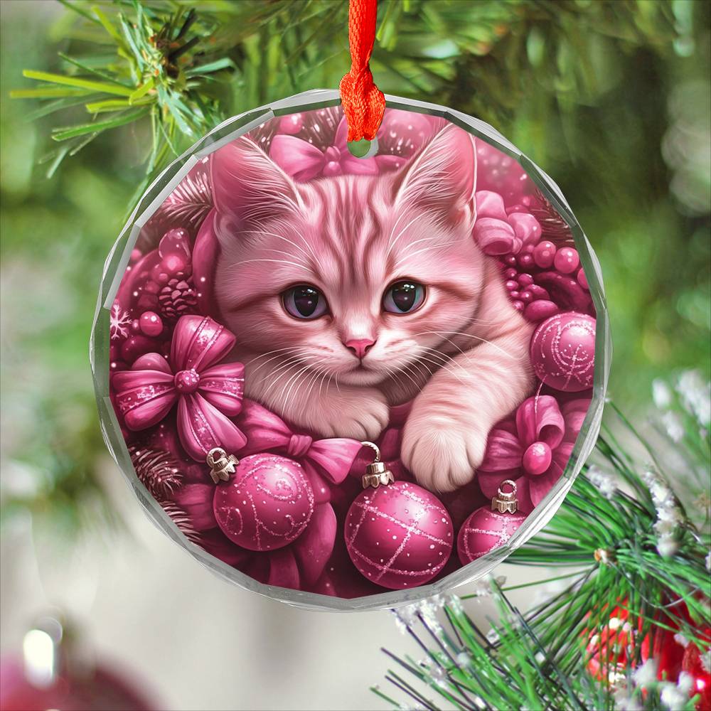 American Shorthair Pink Christmas Design 2 Glass Ornament