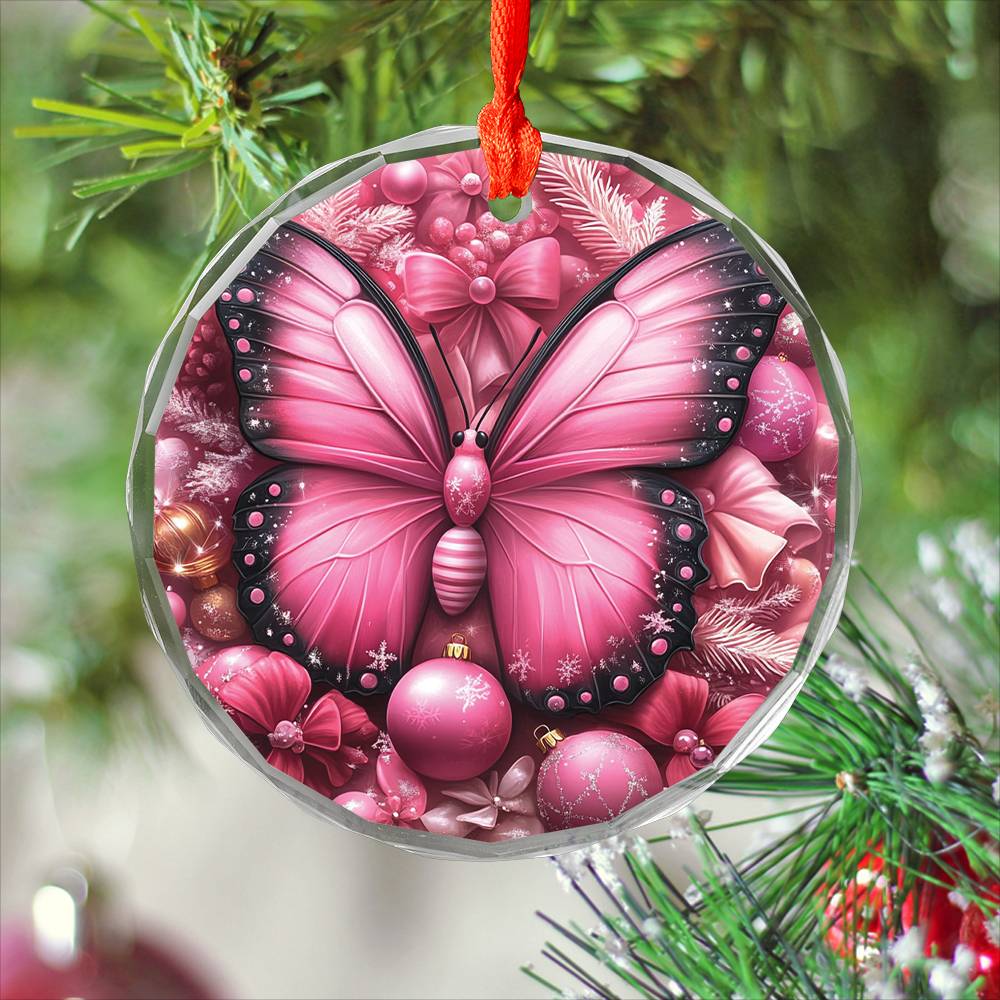 Butterfly Pink Christmas Design 1 Glass Ornament