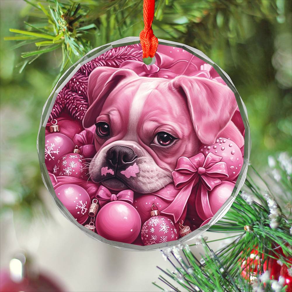 Boxer Dog Pink Christmas Design 3 Glass Ornament