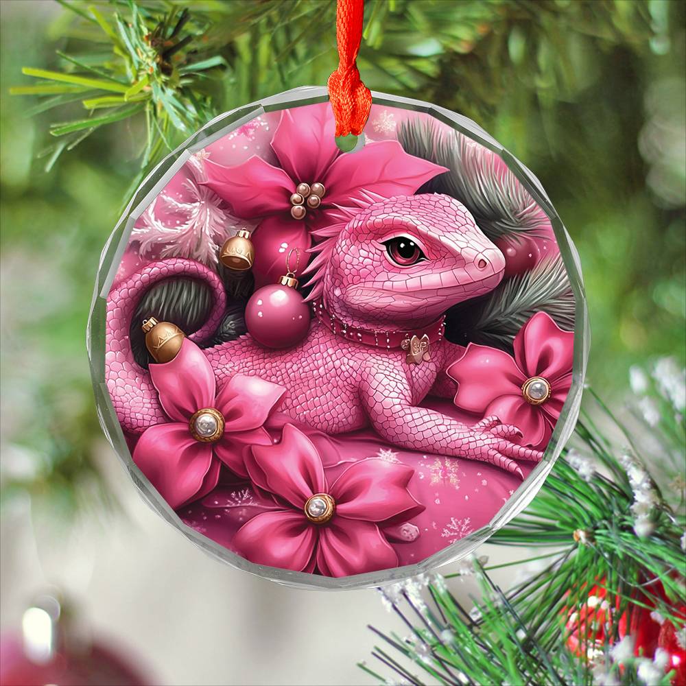 Lizard Pink Christmas Design 1 Glass Ornament