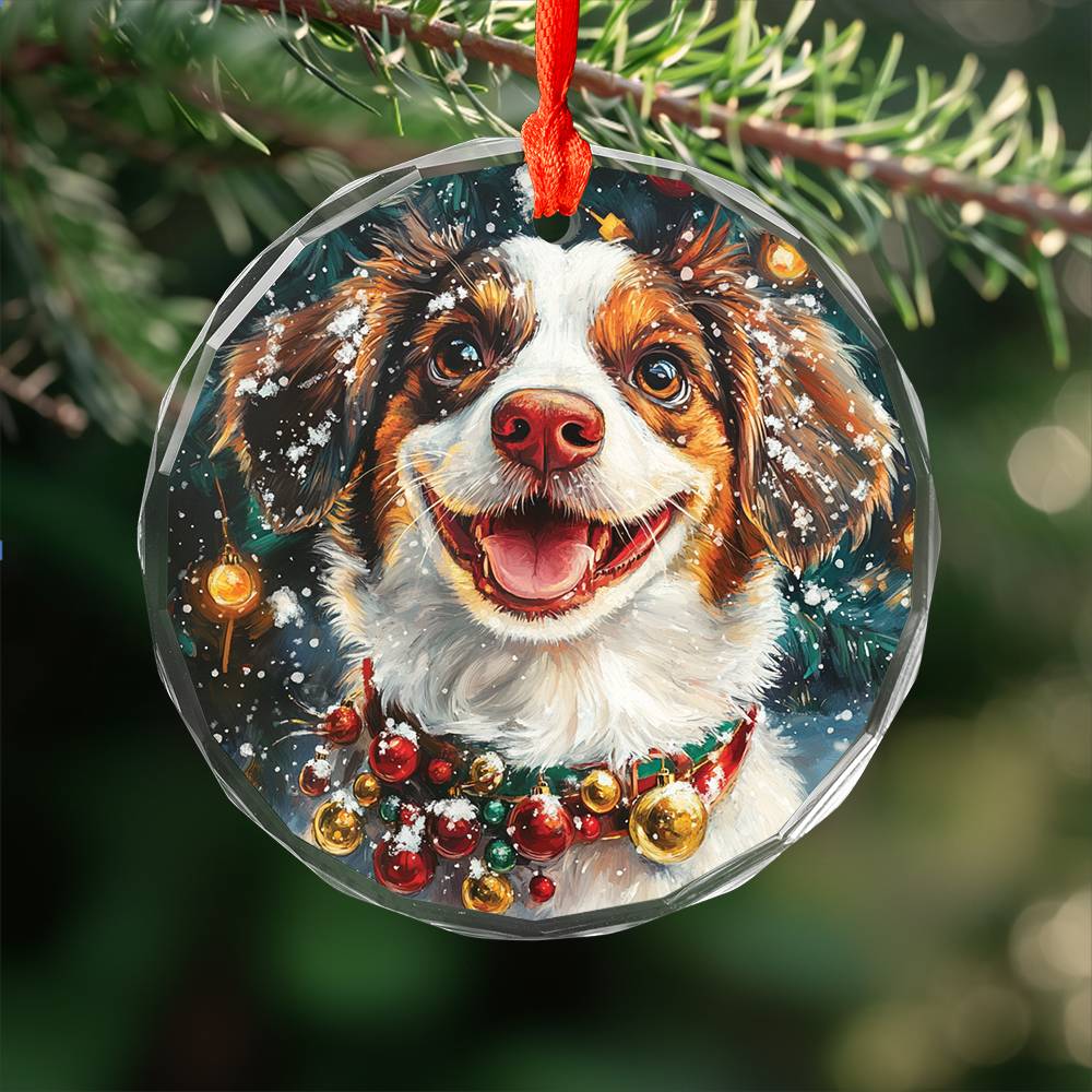 Beautiful Brittany Dog Christmas Night Design 4 Glass Ornament
