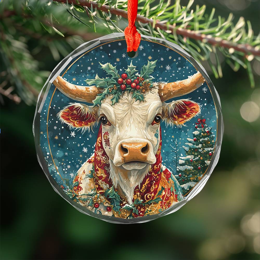 Beautiful Longhorn Cow Christmas Night Design 4 Glass Ornament