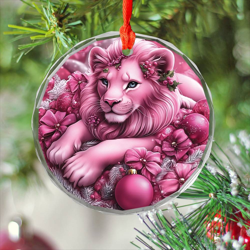 Lion Pink Christmas Design 3 Glass Ornament